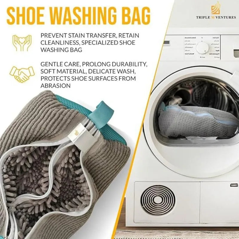 Double Shoes Fluffy Fiber 360° Surround Cleaning Shoe Washing Bag Reusable Durable Machine-Washable Laundry Bag with 2 Zippers