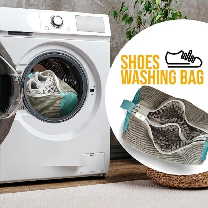 Double Shoes Fluffy Fiber 360° Surround Cleaning Shoe Washing Bag Reusable Durable Machine-Washable Laundry Bag with 2 Zippers