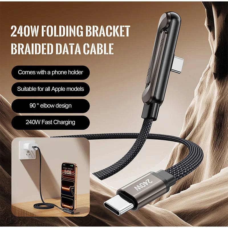 240W 90° Elbow Phone Holder Data Cable Foldable Type C To Type C Fast Charging Cable Data Wire For iPhone 17 Pro Xiaomi Samsung