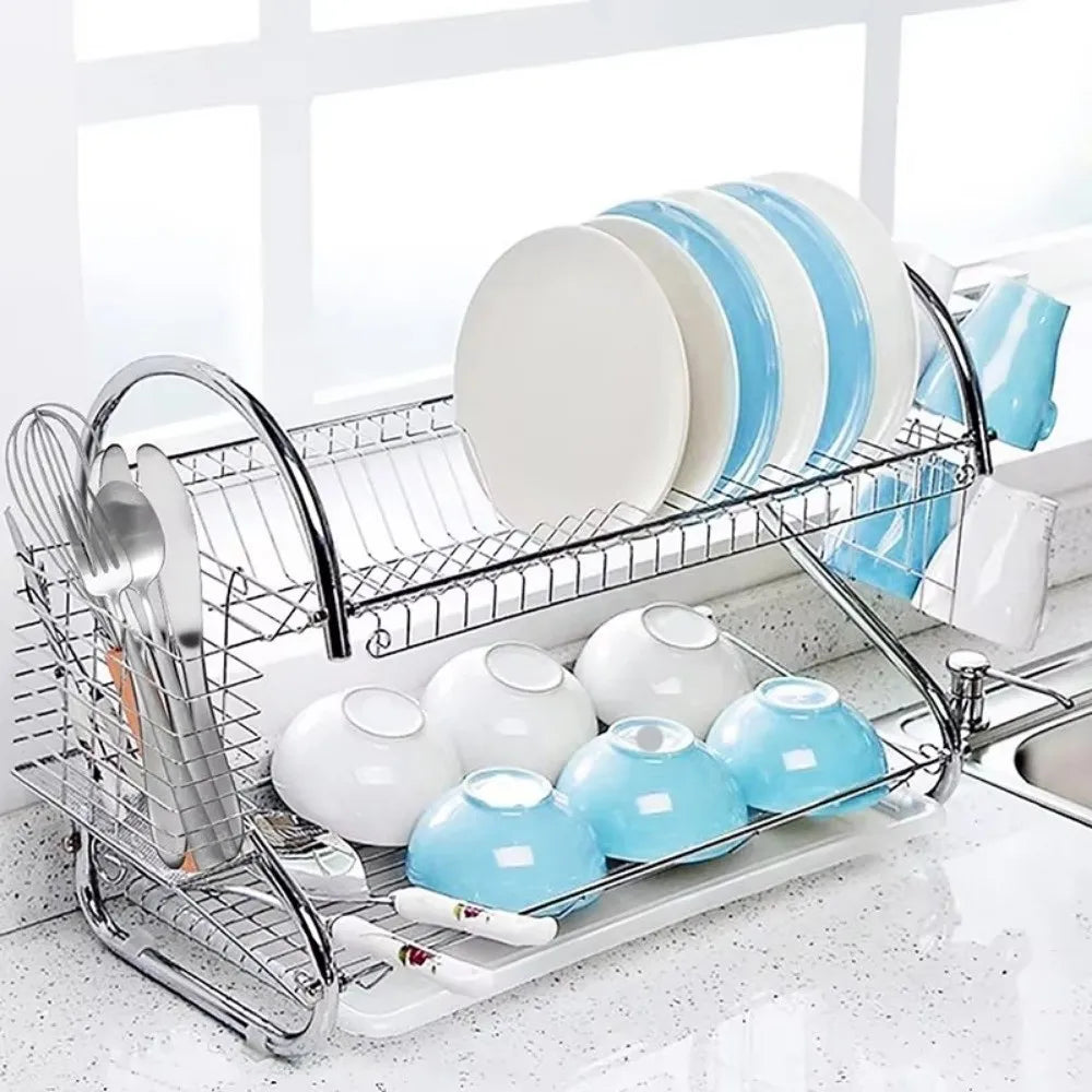 High Quality Stainless Steel Dish Drying Rack S Shape Metal Dish Drainer Space Saving 2 Tier Kitchen Organizer Kitchen