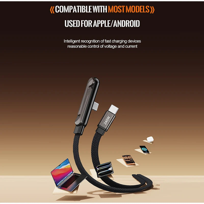 240W 90° Elbow Phone Holder Data Cable Foldable Type C To Type C Fast Charging Cable Data Wire For iPhone 17 Pro Xiaomi Samsung
