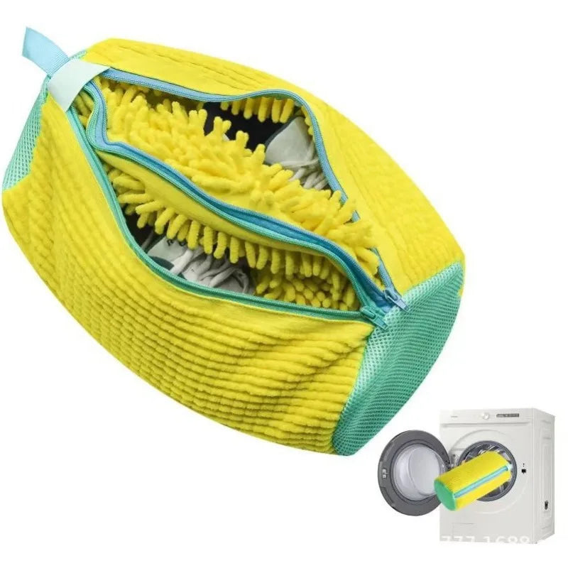 Double Shoes Fluffy Fiber 360° Surround Cleaning Shoe Washing Bag Reusable Durable Machine-Washable Laundry Bag with 2 Zippers