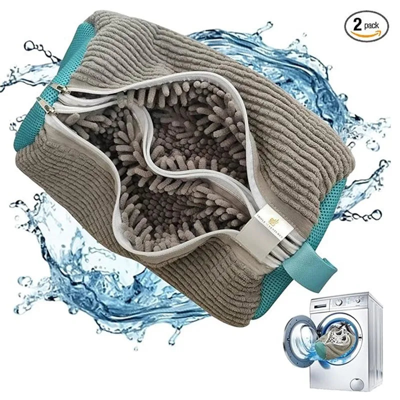Double Shoes Fluffy Fiber 360° Surround Cleaning Shoe Washing Bag Reusable Durable Machine-Washable Laundry Bag with 2 Zippers