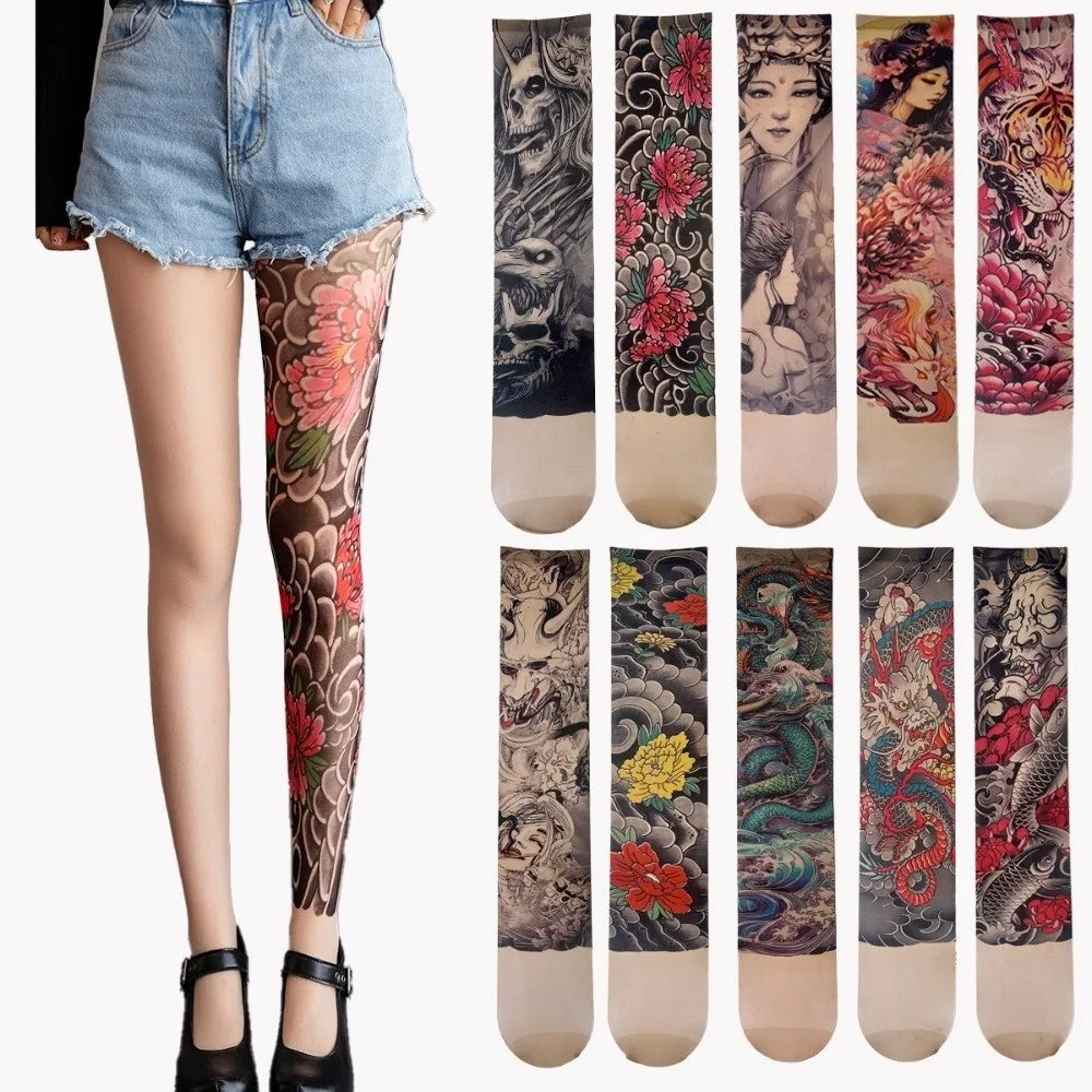 New Simulated Tattoo Single-leg Socks Sexy Perspective Tattooed Stockings Personality Mesh Single-tube Socks Unisex