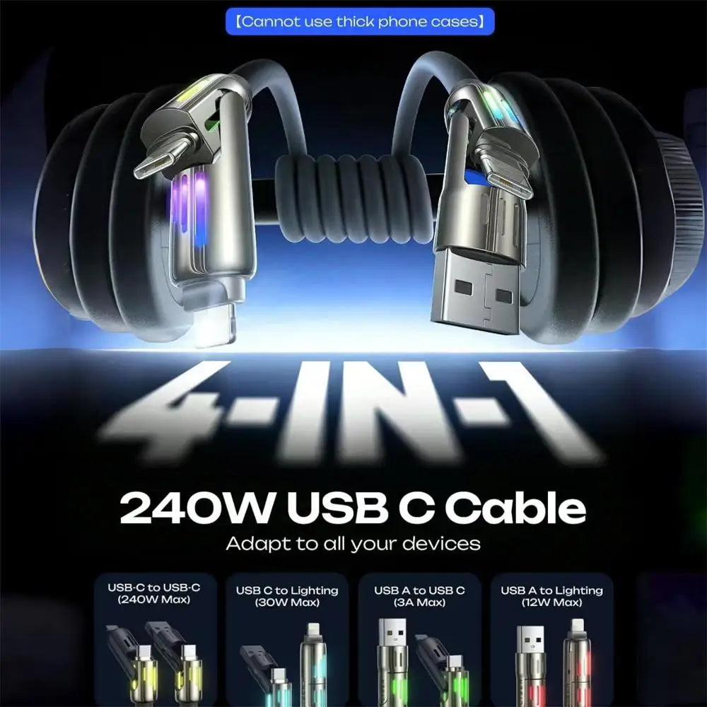 4-IN-1 240W USB Type C To USB C Cable PD Fast Charger Wire For iPhone 16 Pro Max 15 iPad Xiaomi Samsung Tablet 1M 2M Data Cord