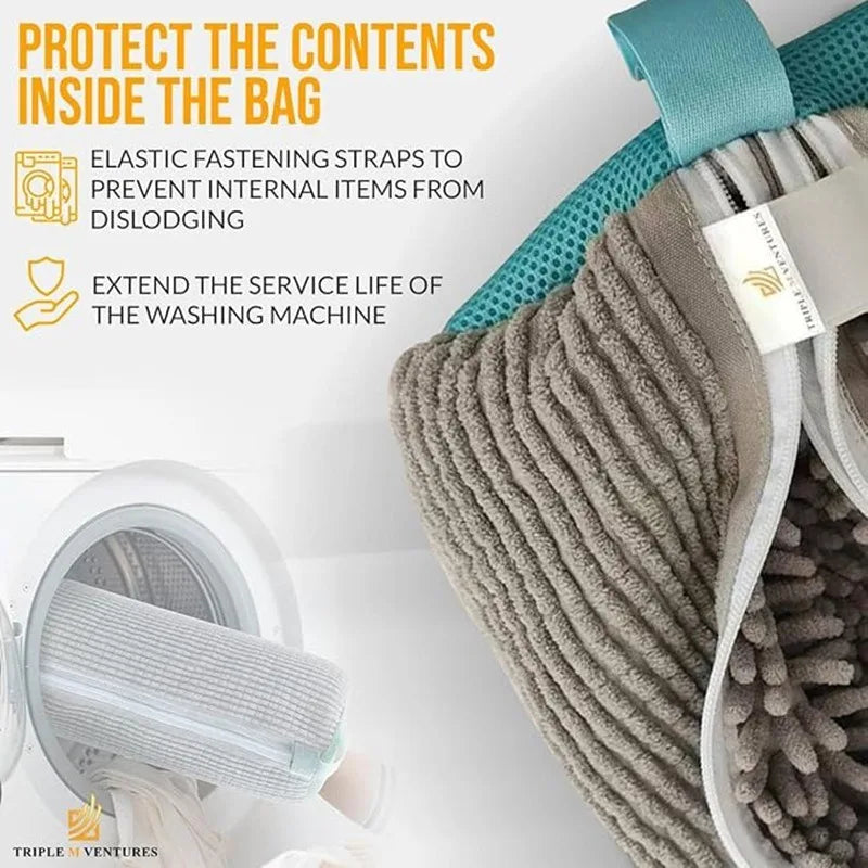 Double Shoes Fluffy Fiber 360° Surround Cleaning Shoe Washing Bag Reusable Durable Machine-Washable Laundry Bag with 2 Zippers