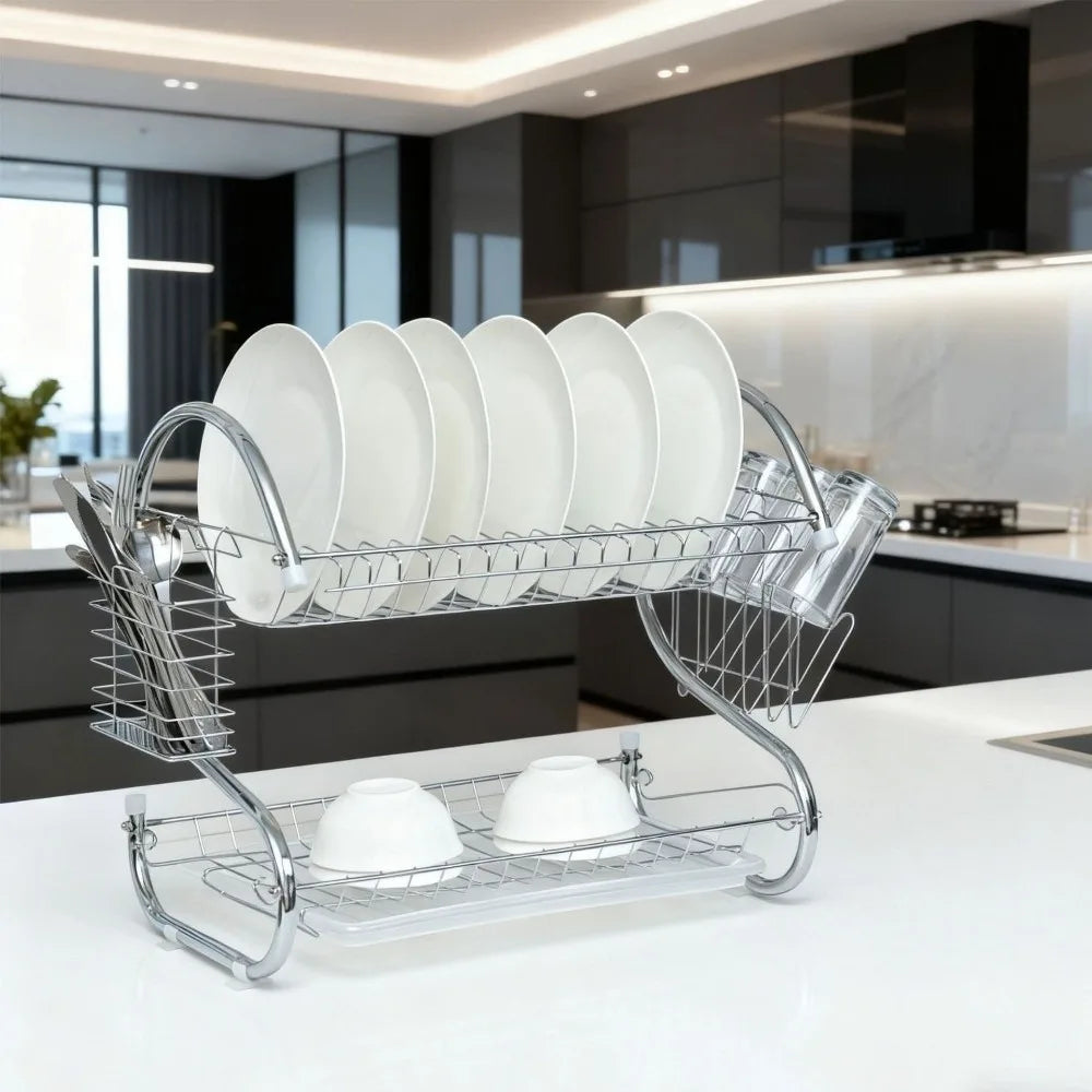 High Quality Stainless Steel Dish Drying Rack S Shape Metal Dish Drainer Space Saving 2 Tier Kitchen Organizer Kitchen